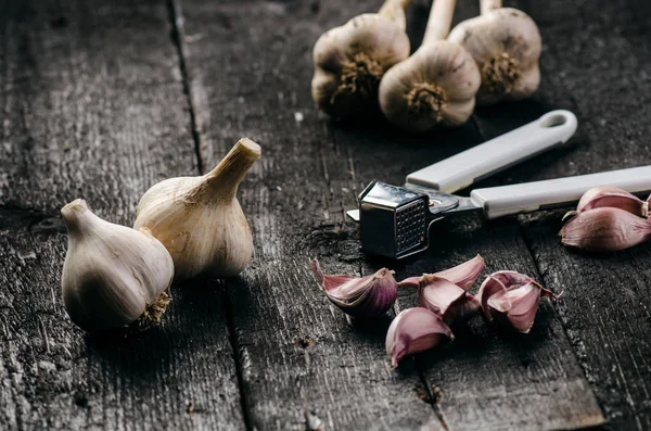 Cloves of garlic on a wooden black table. Fresh garlic bulb with iron garlic press. Vintage background. Farmer. Medicine and healthy. Traditional medicine.
