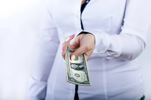 Бизнесмен Держащая Банкноты Долларах Изолирована Белом Фоне Деньги Руках Женщин — стоковое фото