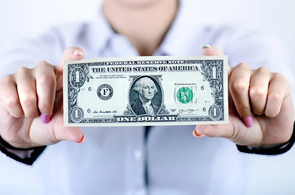 Бизнесмен Держащая Банкноты Долларах Изолирована Белом Фоне Деньги Руках Женщин — стоковое фото