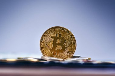 Altın bitcoin paralar euro para ile karanlık bir arka plan üzerinde. Sanal para birimi. Kripto para birimi. Yeni sanal para. Mercek parlaması