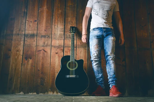 Guitarra Acústica Sobre Una Textura Madera Con Espacio Para Una —  Fotos de Stock