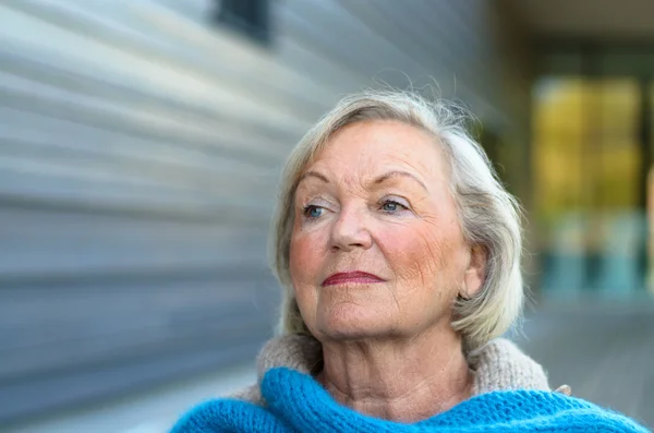 Тщательная старшая леди со спекулятивным выражением лица — стоковое фото