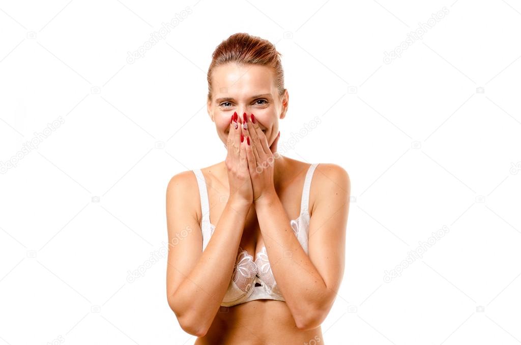 Laughing woman with an embarrassed expression