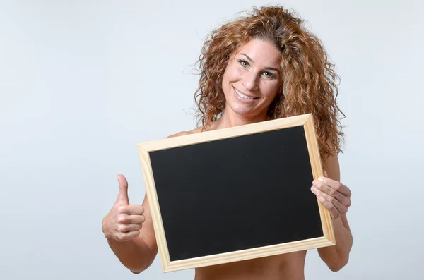 Woman Holding blackboard — Stok fotoğraf