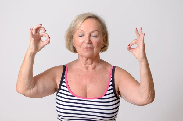 Adult Woman Doing Yoga with Okay Hand Signs — Stock Photo, Image