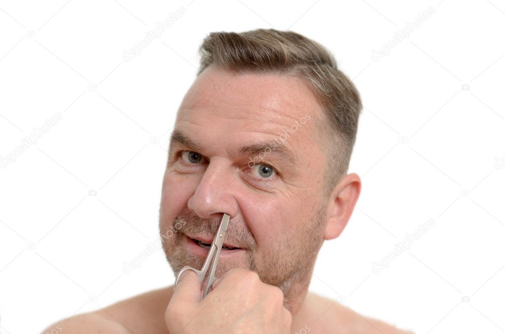 Man plucking his nose hairs with tweezers