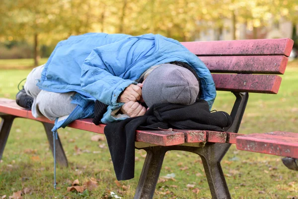Sem-teto mulher idosa dormindo duro em um parque — Fotografia de Stock