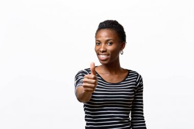 Bir başparmak hevesli motive bir kadın