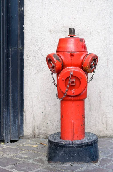 Red fire hydrant on a paved sidewalk