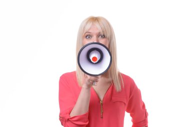 Young blond woman yelling into a megaphone clipart