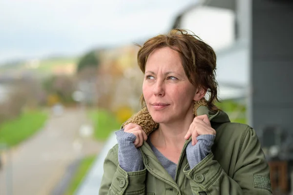 Middle Aged Hispanic Woman Winter Jacket Standing Outdoors Holding Collar — Stock Photo, Image