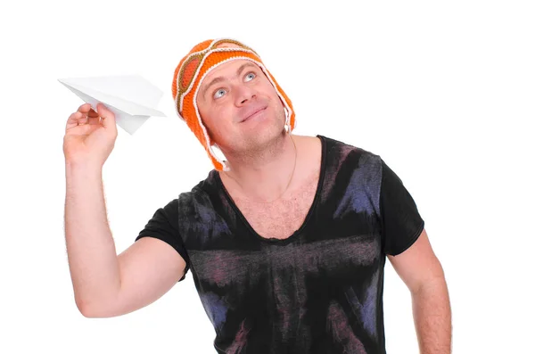 Felnőtt férfi egy gyerek térdzokni kísérleti játszó papír sík. Az ember hagyja, hogy a papírrepülő — Stock Fotó