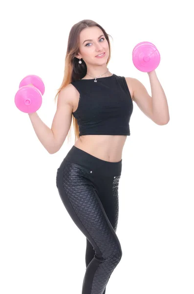 Ernährung. Fitness. junges schönes Mädchen mit rosa Hanteln in seinen Händen. Mädchen turnt Sport — Stockfoto