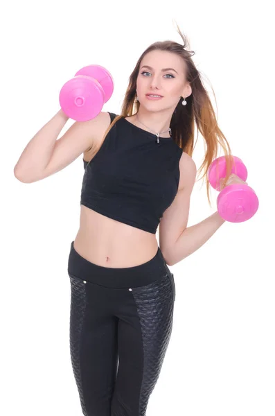 Ernährung. Fitness. junges schönes Mädchen mit rosa Hanteln in seinen Händen. Mädchen turnt Sport — Stockfoto