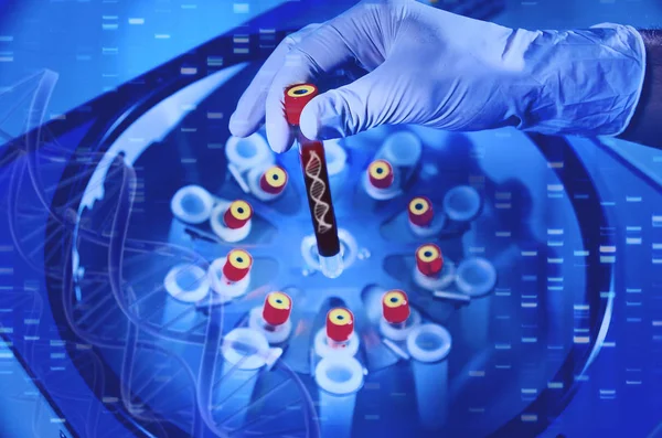 Dnk analizi. Bir test tüpüne zekâ tıbbi bir eldiven elinde tutan