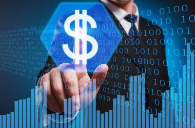 Dolar. Adam bir takım elbise ve kravat dolar onun dizini ile Tıklanma