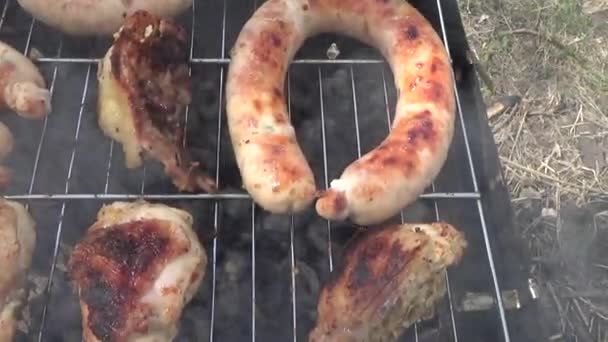 Sausages cooked on the nature — Stock Video