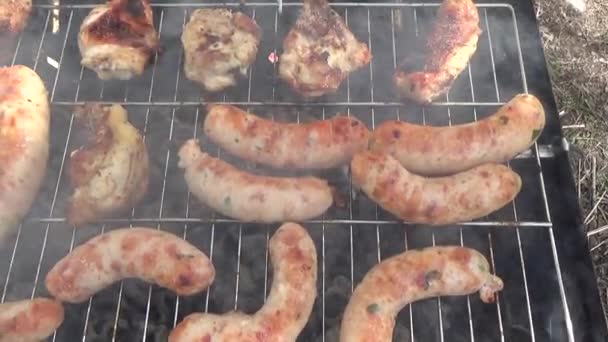 Sausage and chicken in smoke — Stock Video