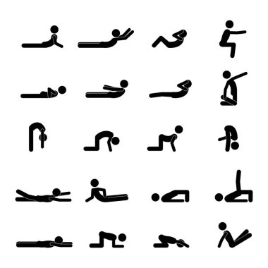 Web sitesi için çizimler sopa rakam bir dizi - vektör simgeleri yoga spor eğitim insanlar webit.Top insan silueti pictogram simgesi