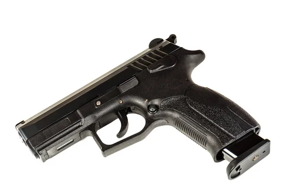 Det svarta vapnet (pistol) på en vit bakgrund på nära håll — Stockfoto
