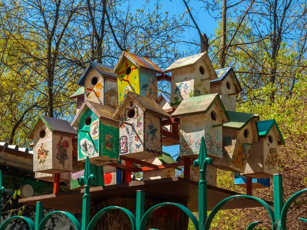 Kleurrijke nestkastjes handgemaakt met een schilderij in het park — Stockfoto