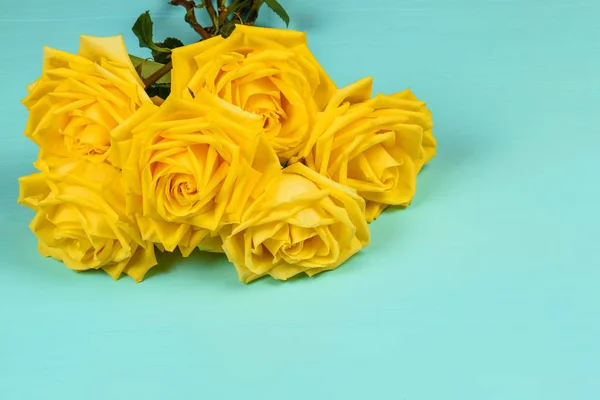 ช่อดอกกุหลาบสีเหลืองที่สวยงาม บนพื้นหลังสีฟ้า — ภาพถ่ายสต็อก
