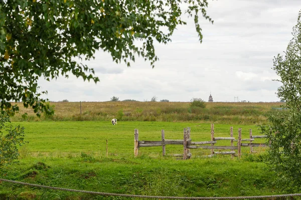 Liggande bild av en gård betesmark omges av rustika trä fäktning. — Stockfoto