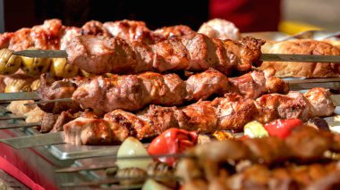Taze, ev yapımı sebzeli domuz kebabı. Ateşin üstünde yemek pişirmek. Izgaradaki et.