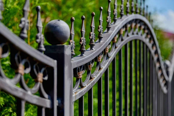 Güzel bir dekoratif metal çit. Sanatsal demirle işlenmiş. Metal çit, yakın plan..