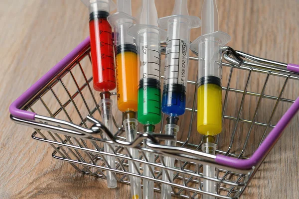 Concept Purchasing Covid Virus Infection Medicine Vaccine Colorful Syringes Basket — Stock Photo, Image