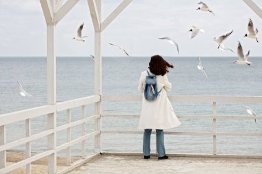 Genç kadın (esmer) Beyaz önlük martılar beslemeleri olmak