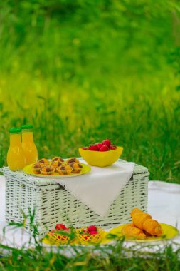 Yaz saati: piknik çim - kek ve kruvasanlar, suyu bir