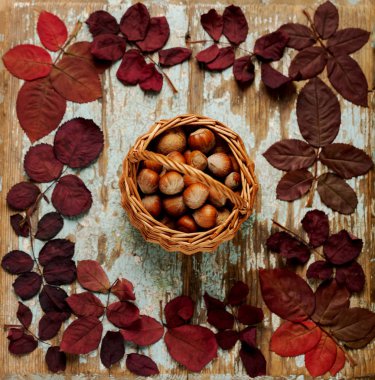 Düz yatıyordu çerçeve sonbahar Kızıl yaprak sepeti ile ceviz bir