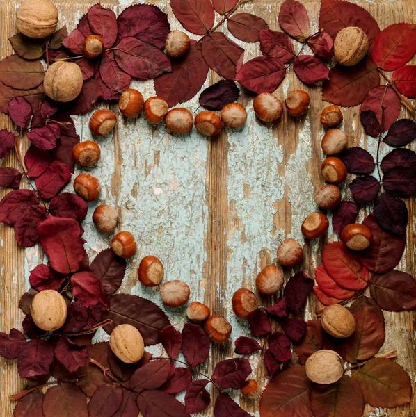 Sonbahar Kızıl yaprakları kalp şeklinde düz yatıyordu çerçeve, 