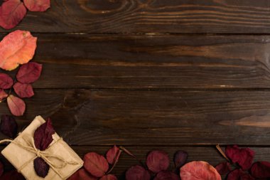 Kızıl sonbahar yaprakları ve hediye kutuları bir kara günü düz yatıyordu çerçeve