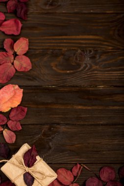 Kızıl sonbahar yaprakları ve hediye kutuları bir kara günü düz yatıyordu çerçeve