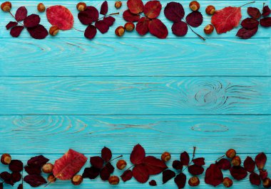 Kızıl sonbahar yaprakları ve ceviz ahşap üzerinde düz yatıyordu çerçeve 