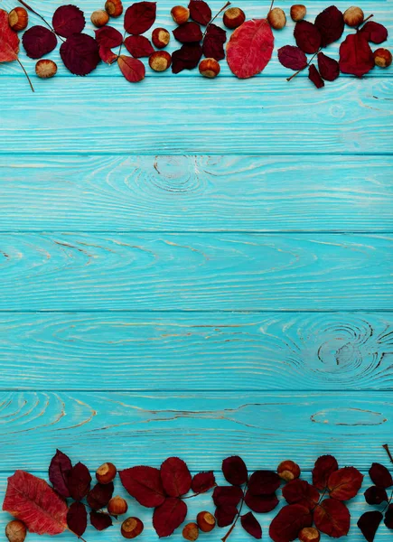 Kızıl sonbahar yaprakları ve ceviz ahşap üzerinde düz yatıyordu çerçeve 