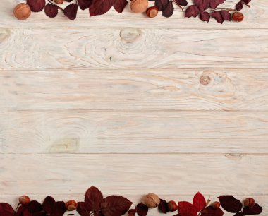 Sonbahar Kızıl yaprak, fındık ve ceviz o düz yatıyordu çerçeve