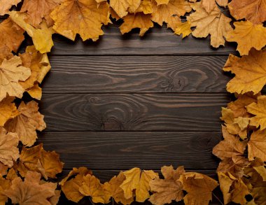 Ahşap arka plan üzerinde sonbahar yaprak düz yatıyordu çerçeve. 