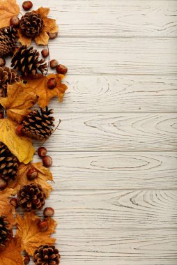 Sonbahar yaprakları, koni ve fındık bir ahşap arka düz yatıyordu çerçeve