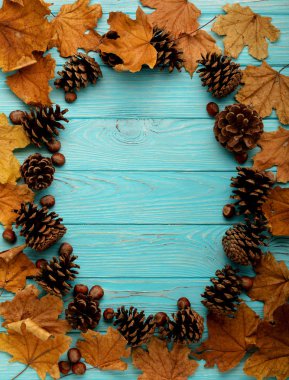 Sonbahar yaprakları, koni ve fındık bir ahşap arka düz yatıyordu çerçeve