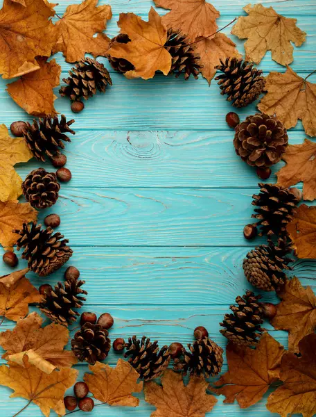 Sonbahar yaprakları, koni ve fındık bir ahşap arka düz yatıyordu çerçeve