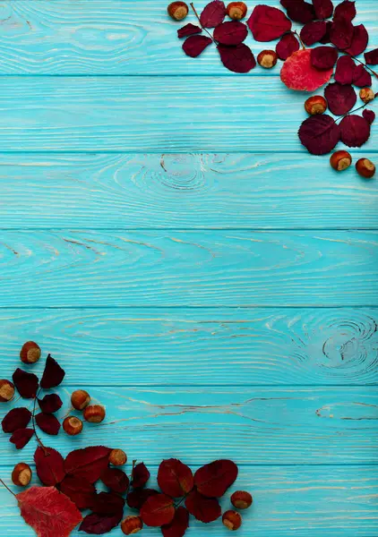 Kızıl sonbahar yaprakları ve ceviz ahşap üzerinde düz yatıyordu çerçeve 