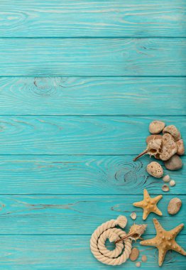 İp, taşları, deniz kabukları ve deniz yıldızı ile bir turkuaz sınır
