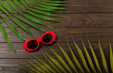 Plaj aksesuarları - şapka, tropikal palmiye sunglsses kırmızı renkle 