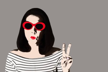 Fotoğraf pop sanat tarzı. Kadın elbise ve içinde güneş gözlüğü 