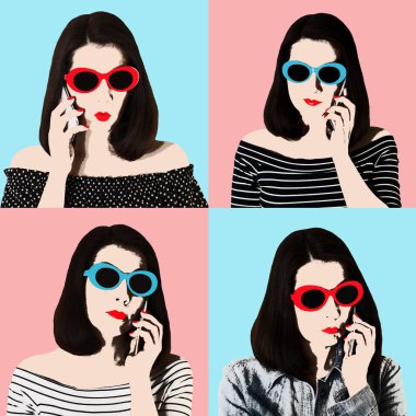 Fotoğraf kolaj pop sanat tarzı. Kadın elbise ve sungla