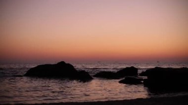 Güzel pembe günbatımı (gündoğumu) denizde martılar uçan tam sakin. Seçici odak.