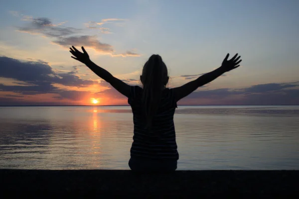 Raised Two Hands Sky Dawn — Stock Photo, Image